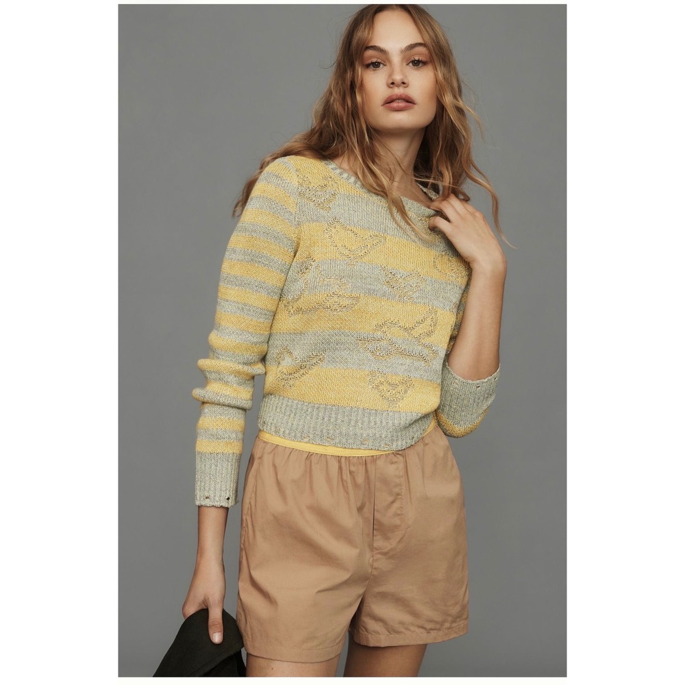 Pilcro Anthropologie Striped Bird Pointelle Knit Sweater Yellow Green Linen S